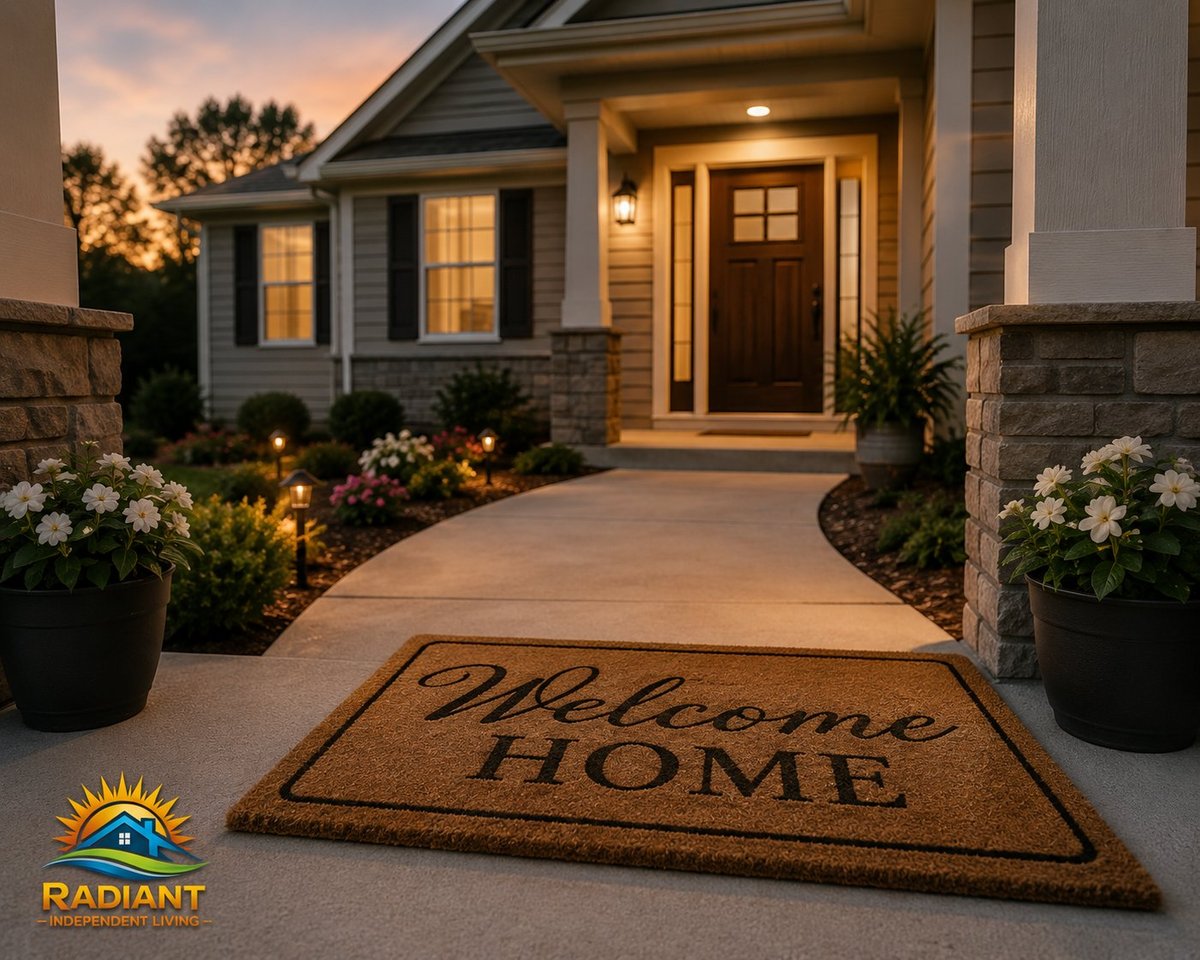 Welcome home doormat at front entrance of modern home with landscaping at dusk