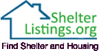 Shelter Listings logo with a blue house outline and green text, tagline Find Shelter and Housing