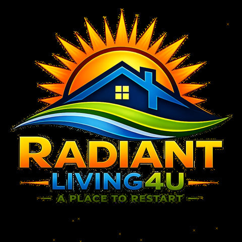 Radiant Living 4U logo featuring a sun, house silhouette, and rolling hills with the tagline A Place To Restart