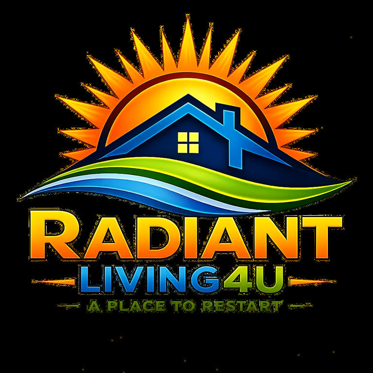 Radiant Living 4U logo featuring a sun, house silhouette, and rolling hills with the tagline A Place To Restart