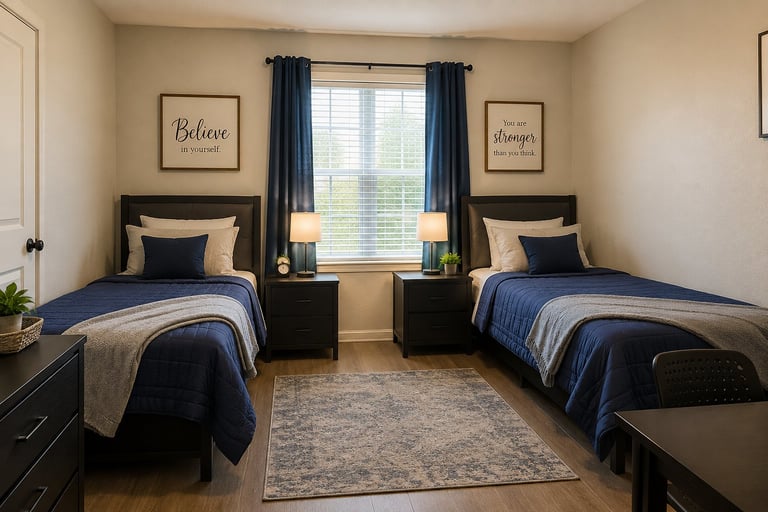Modern bedroom with two twin beds with dark frames and blue bedding, flanking a window with navy curtains