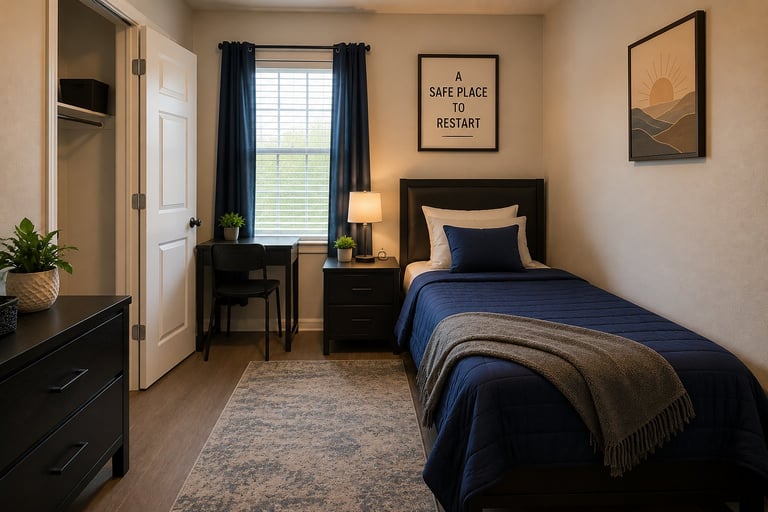 A neatly organized bedroom with a blue and gray bedspread, dark wood furniture, window with blue curtains, and motivational wall art