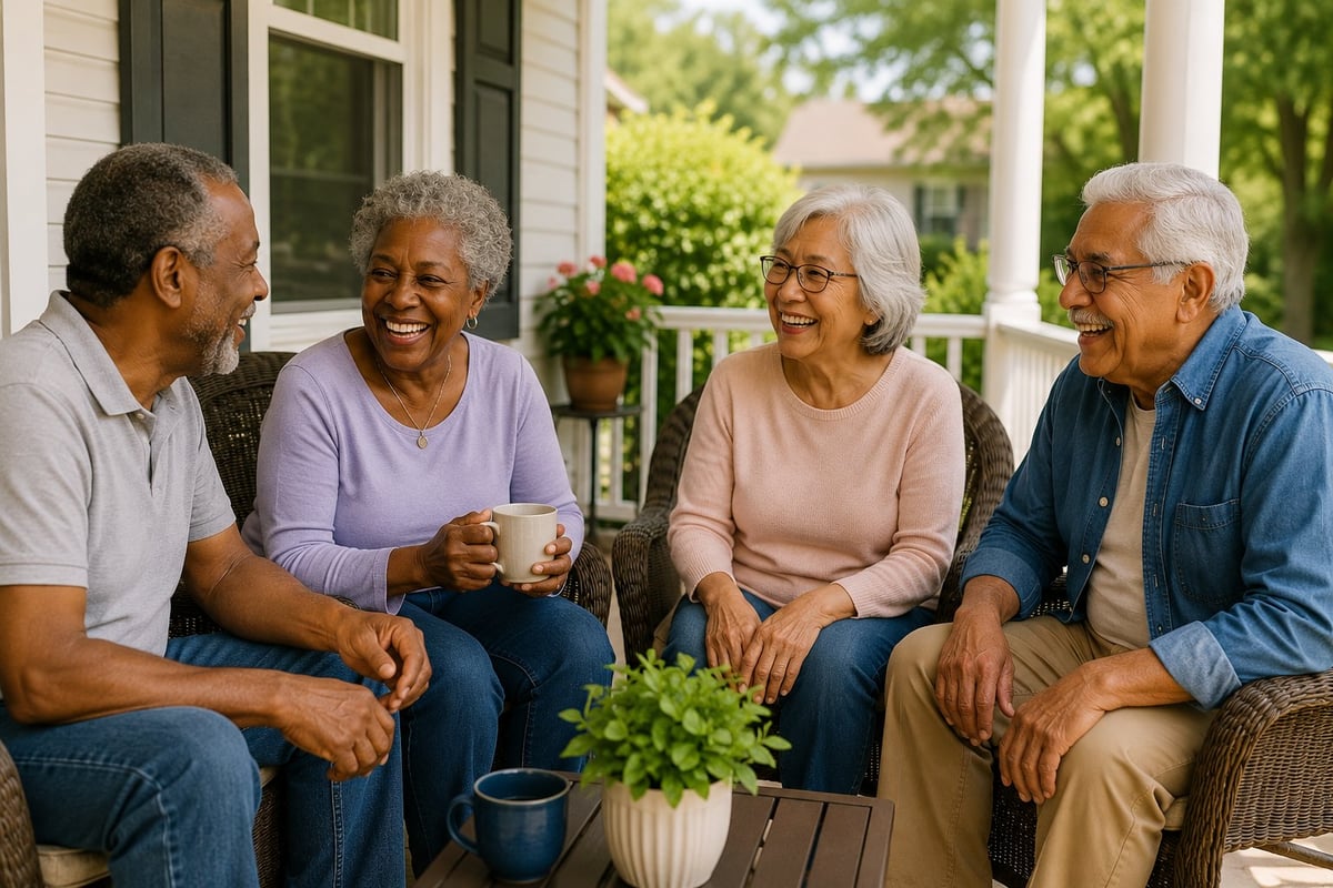 Four senior friends sitting together on a porch, smiling and conversing while enjoying beverages outdoors