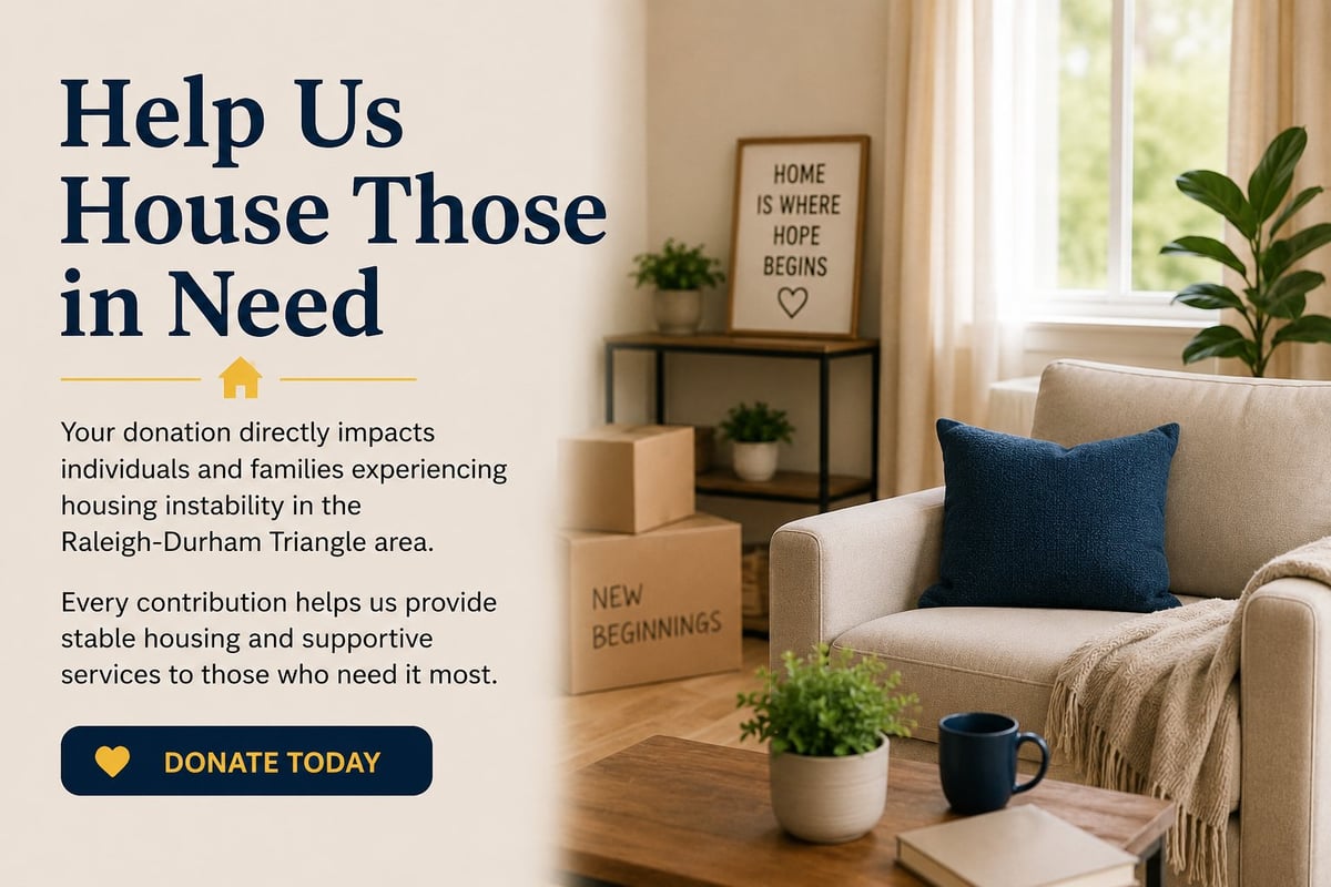 A bright, welcoming living room with donation appeal for housing assistance. Text reads Help Us House Those in Need with a blue Donate Today button. Room features warm furnishings, plants, and wooden boxes labeled Home Sweet Home and New Beginnings.