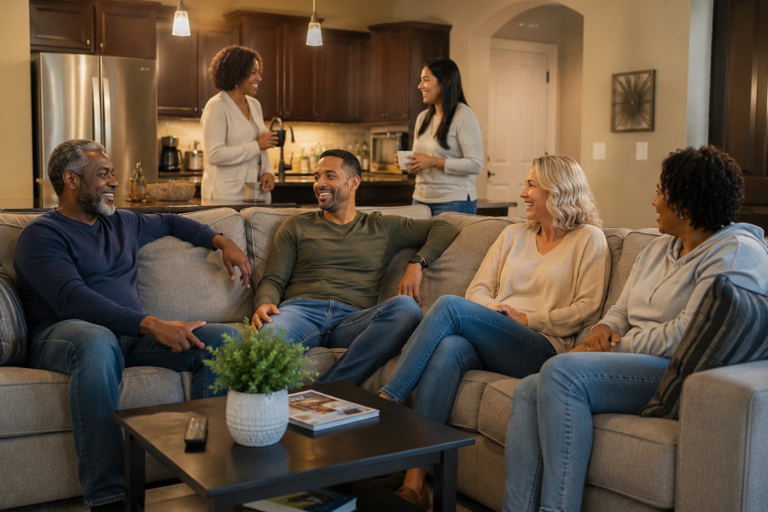 Group of friends gathered in a living room for a casual social gathering, with some seated on a couch and others standing in the kitchen area behind them.