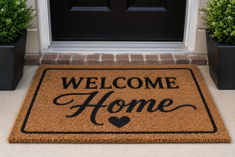 Brown coir doormat with Welcome Home text displayed in front of a black door with white trim and potted plants